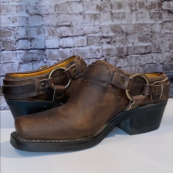 Frye Belted Harness Distressed Brown Leather Mule - Picture 9 of 16